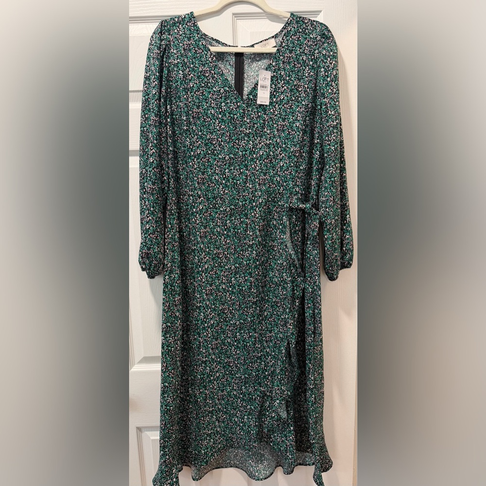 LOFT Green Floral Long-Sleeve Wrap Dress